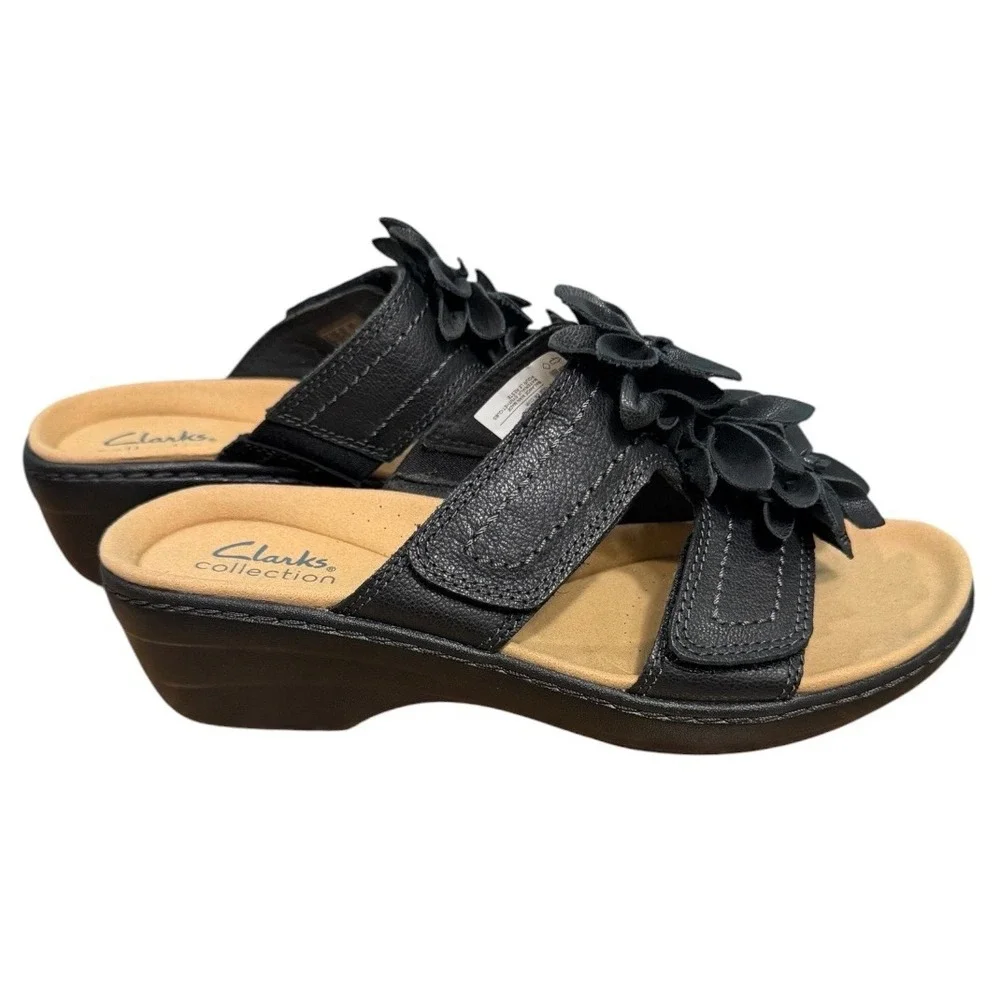 Clarks Merliah Raelyn Black Leather Floral Slide Wedge Sandals Womens 7 M